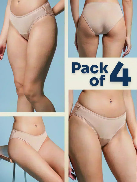 four-panel collage of beige underwear with a Pack of 4 text overlay on a blue background