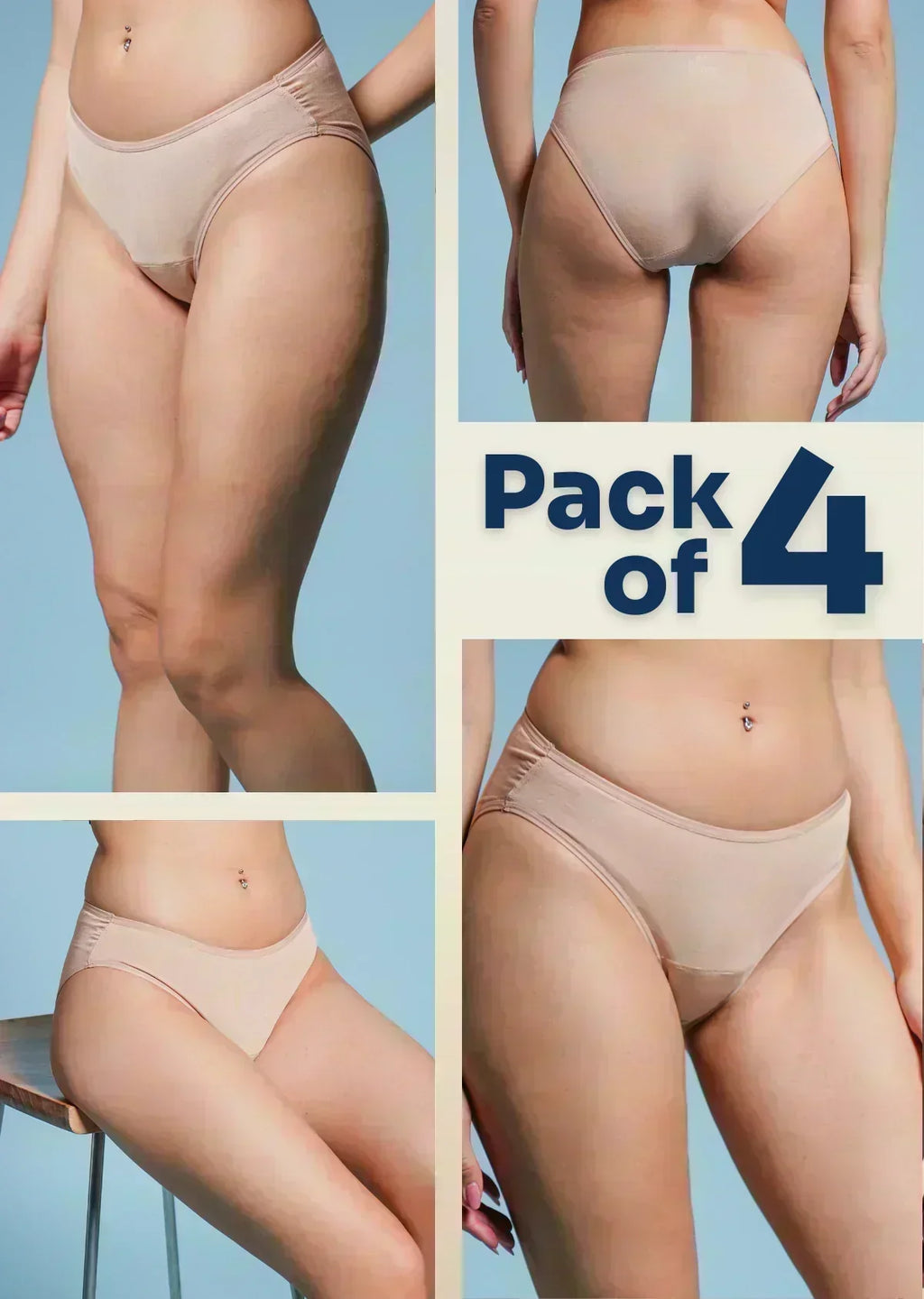 four-panel collage of beige underwear with a Pack of 4 text overlay on a blue background
