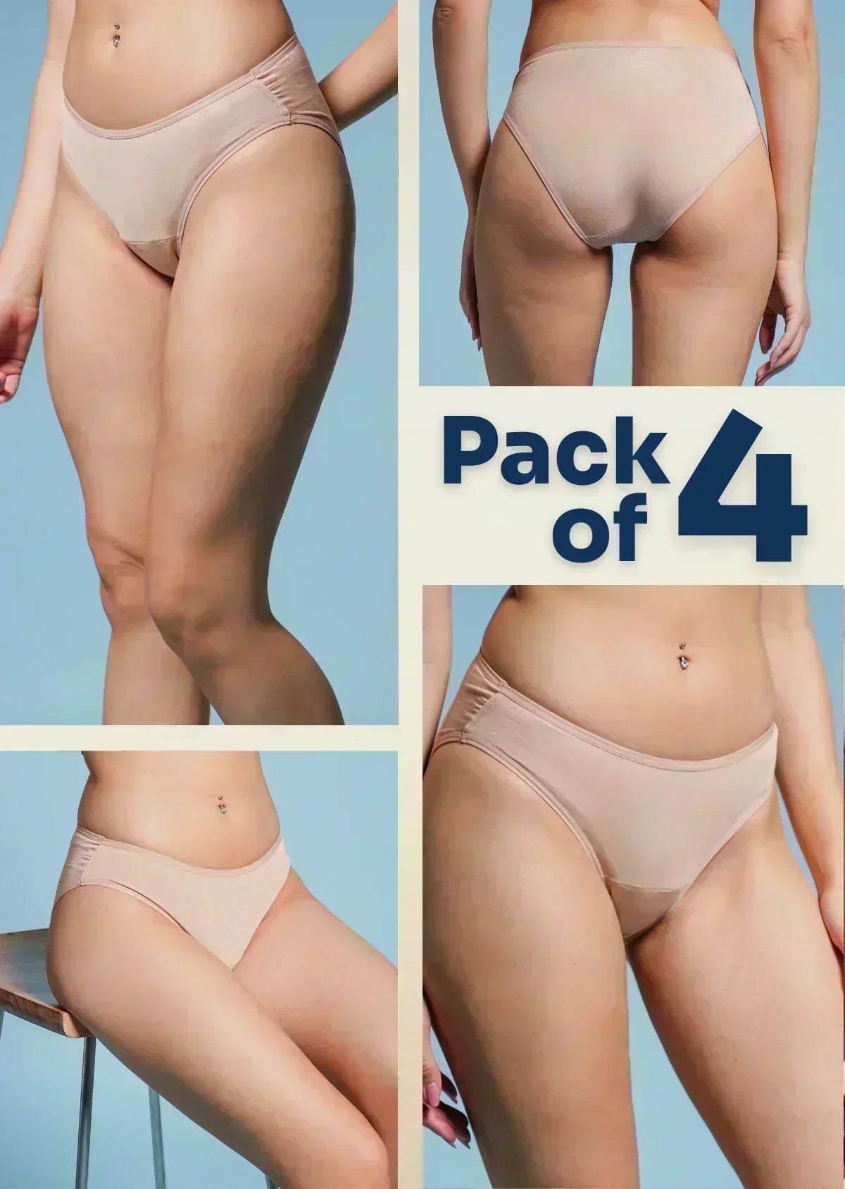 four-panel collage of beige underwear with a Pack of 4 text overlay on a blue background