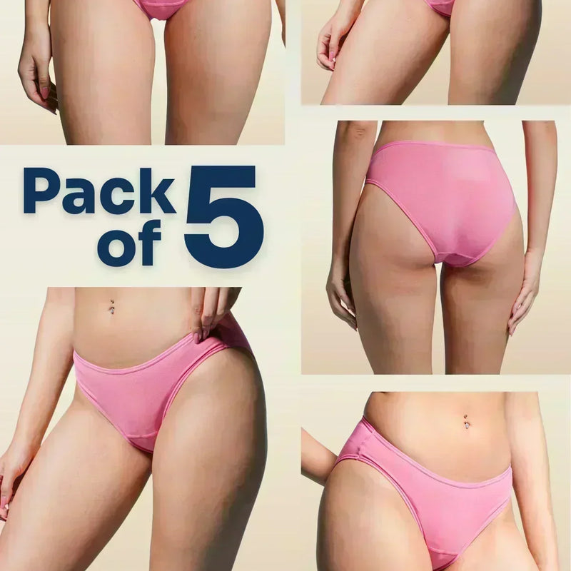 Collage of pink underwear with 'Pack of 5' text on a beige background