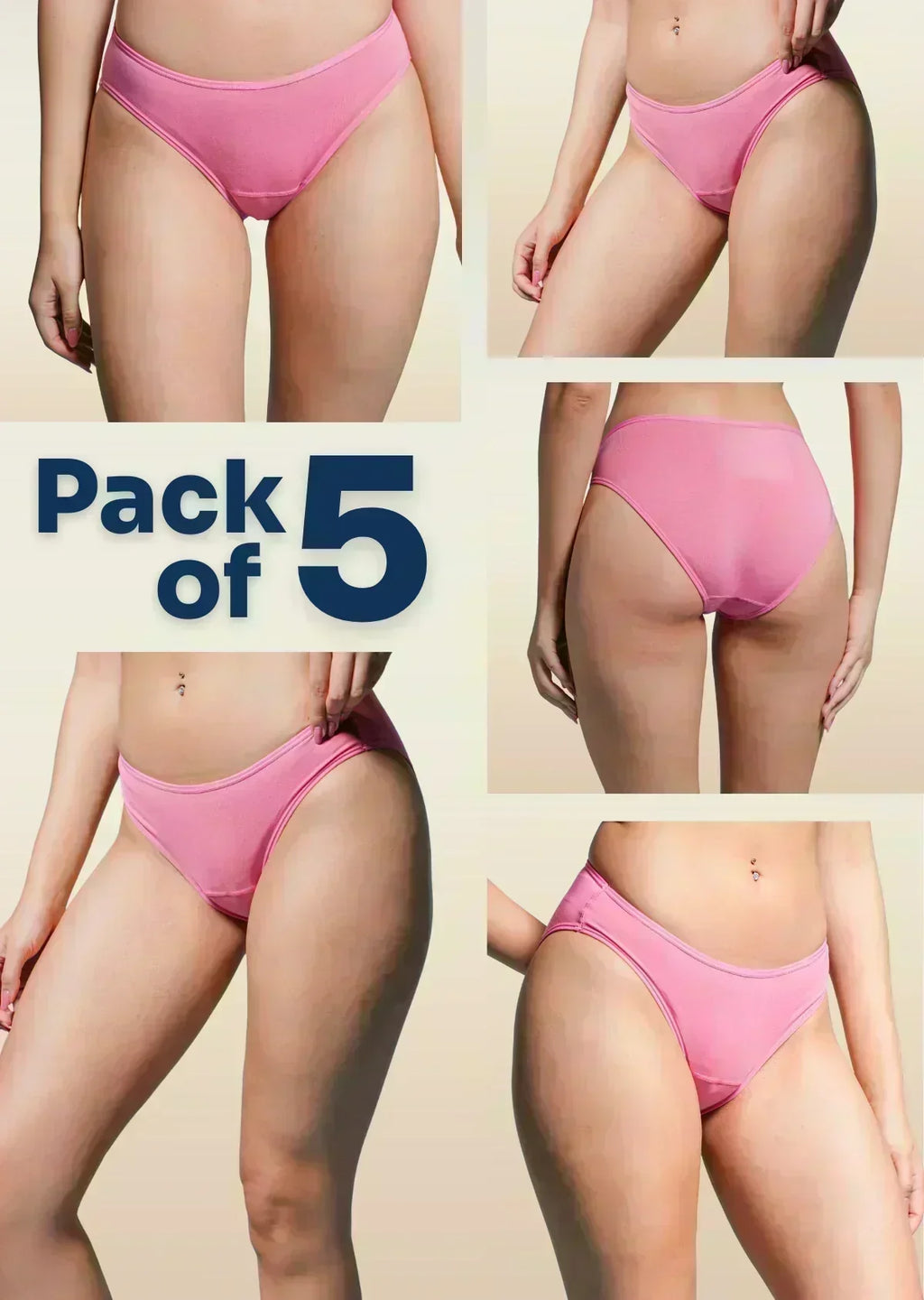 Collage of pink underwear with 'Pack of 5' text on a beige background