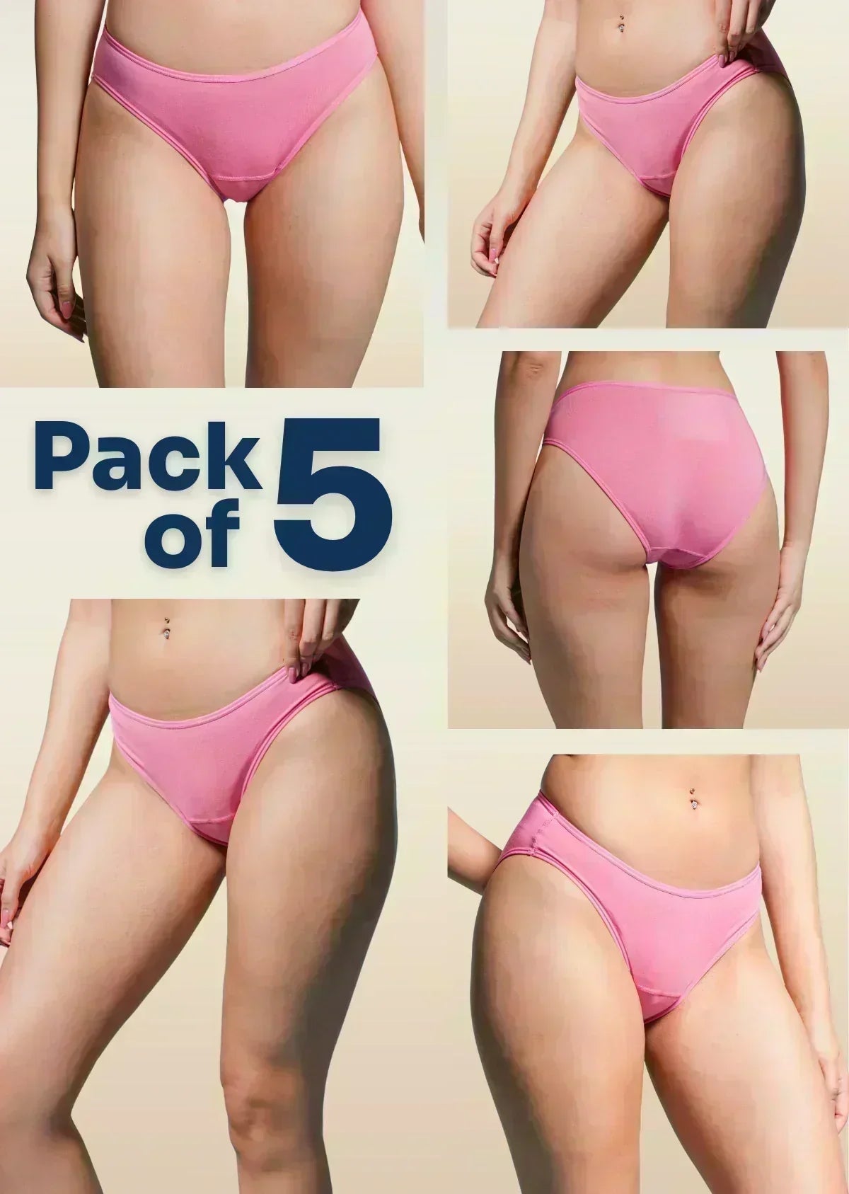 Collage of pink underwear with 'Pack of 5' text on a beige background