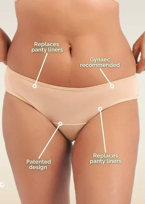 Beige women's underwear with text labels on a neutral background