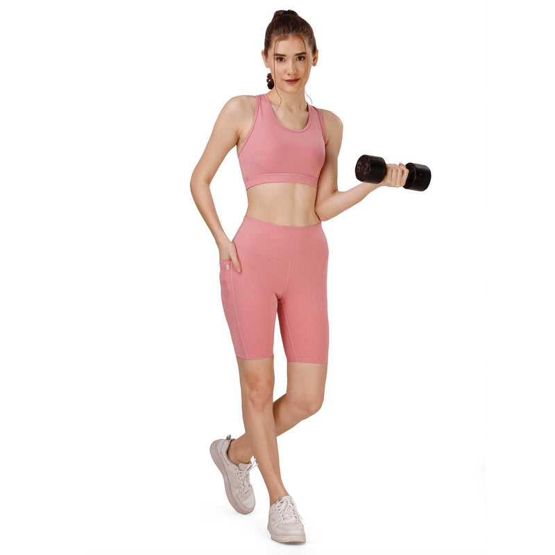 SOIE Woman - High Waist Knee Length Solid Sports Shorts With Pocket - Athleisure Shorts -for Women