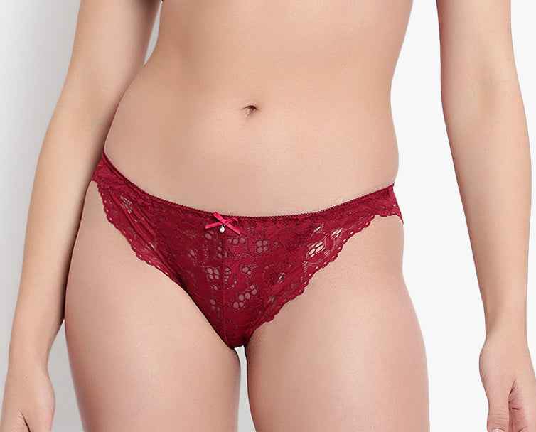 Maroon Low Waist Sheer Bikini Panties - Lace