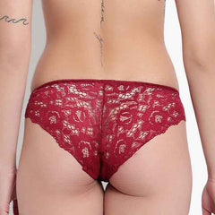 Maroon Low Waist Sheer Bikini Panties - Lace