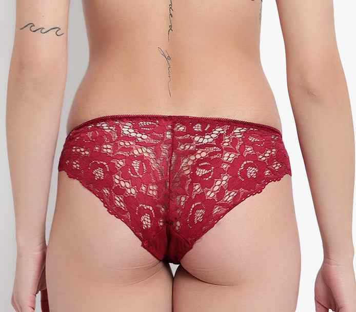 Maroon Low Waist Sheer Bikini Panties - Lace