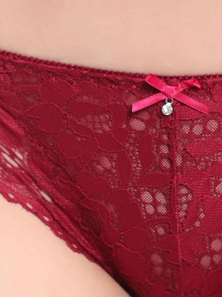 Maroon Low Waist Sheer Bikini Panties - Lace
