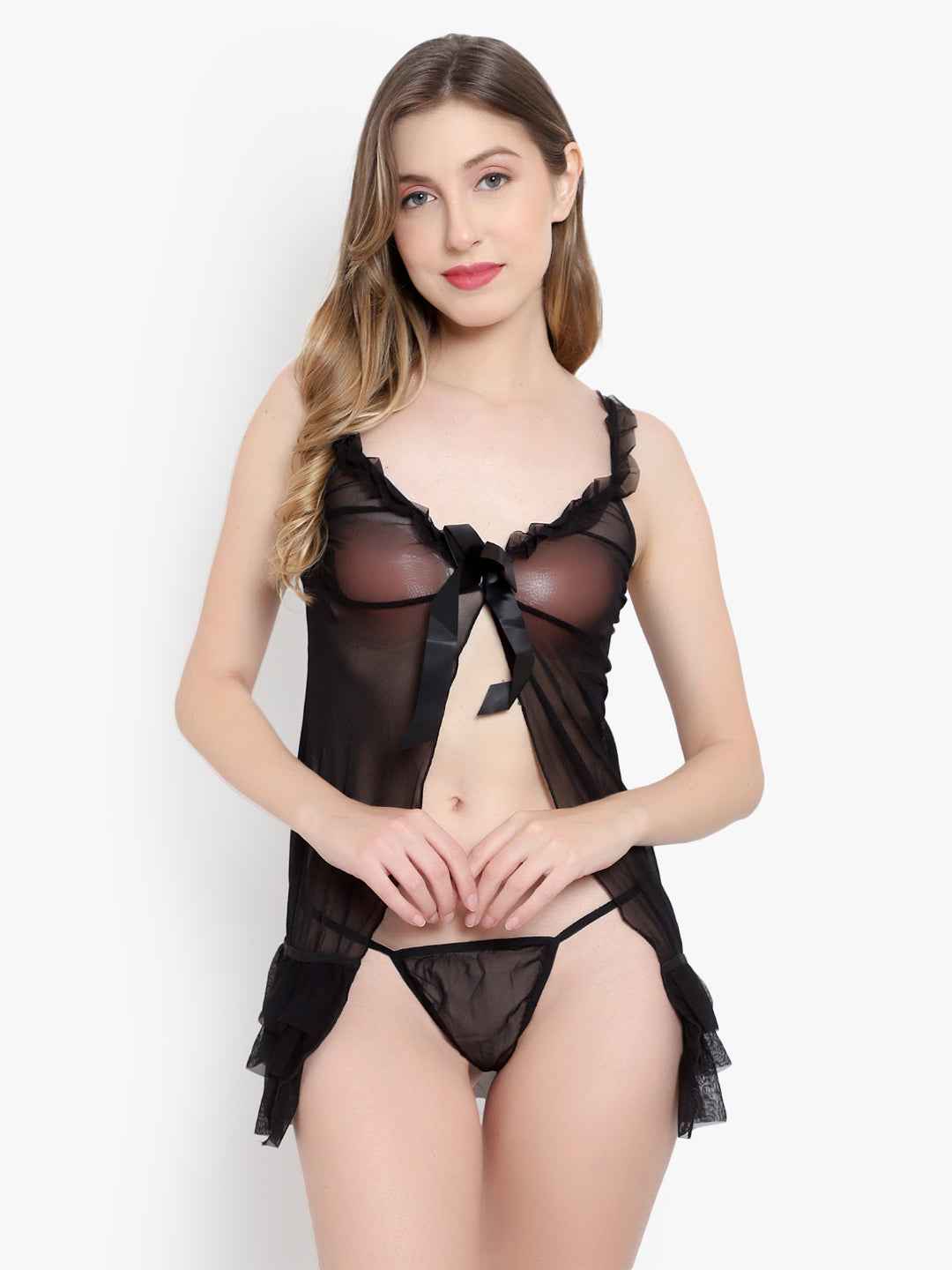 Women Black Self Design Lace Baby Doll Lingerie