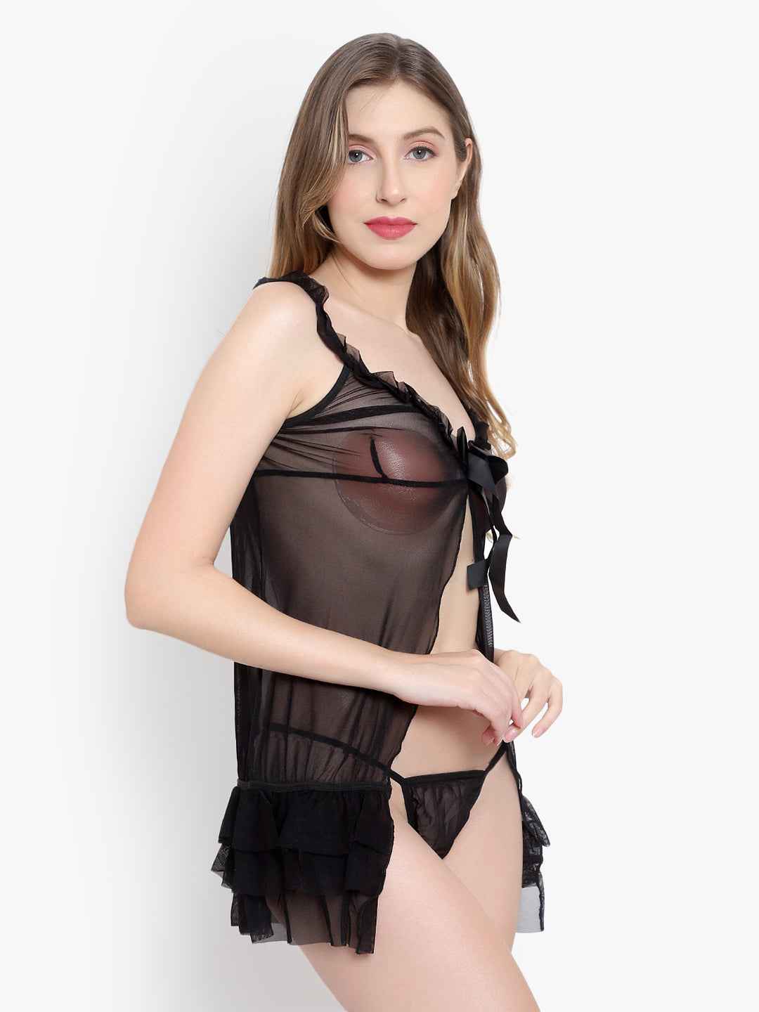 Women Black Self Design Lace Baby Doll Lingerie