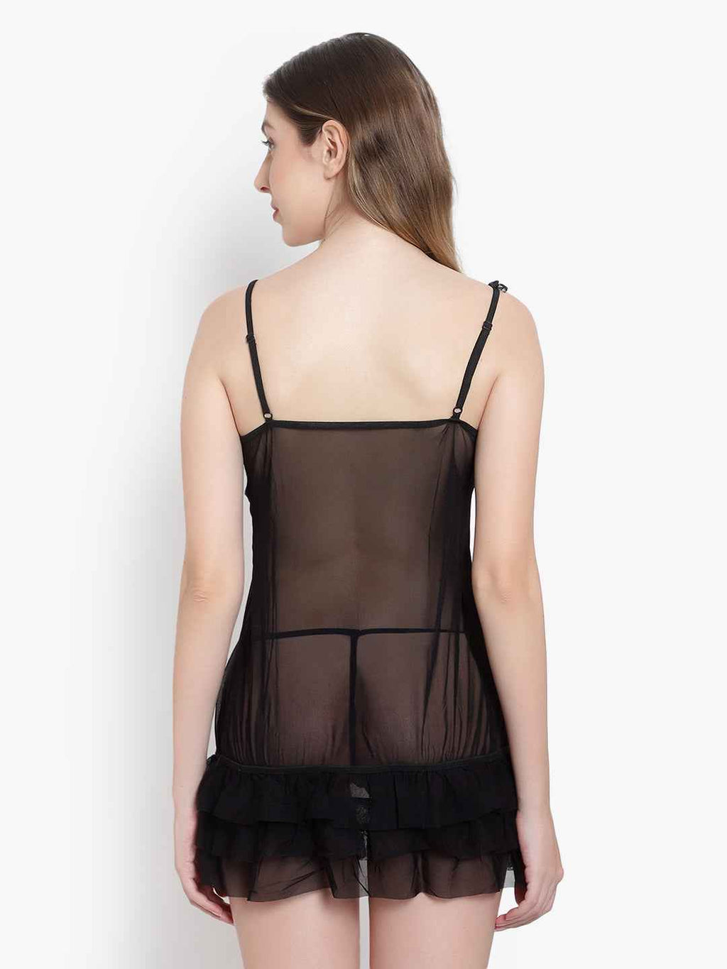Women Black Self Design Lace Baby Doll Lingerie