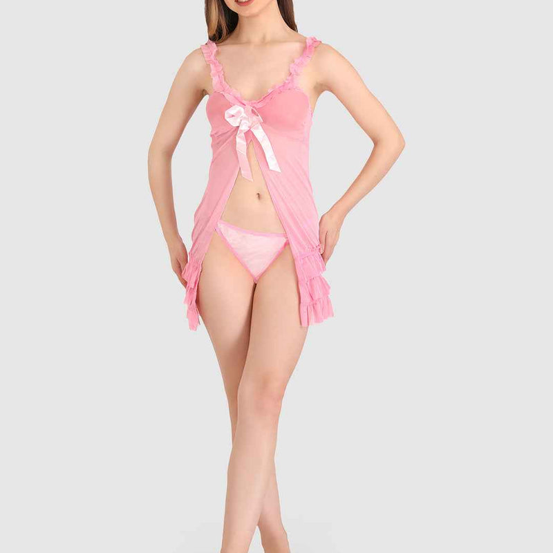 Women Bridal Sexy Pink Babydoll Sheer lace Self Design Night Wear Lingerie Set