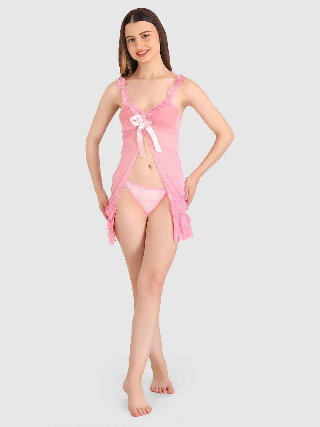 Women Bridal Sexy Pink Babydoll Sheer lace Self Design Night Wear Lingerie Set