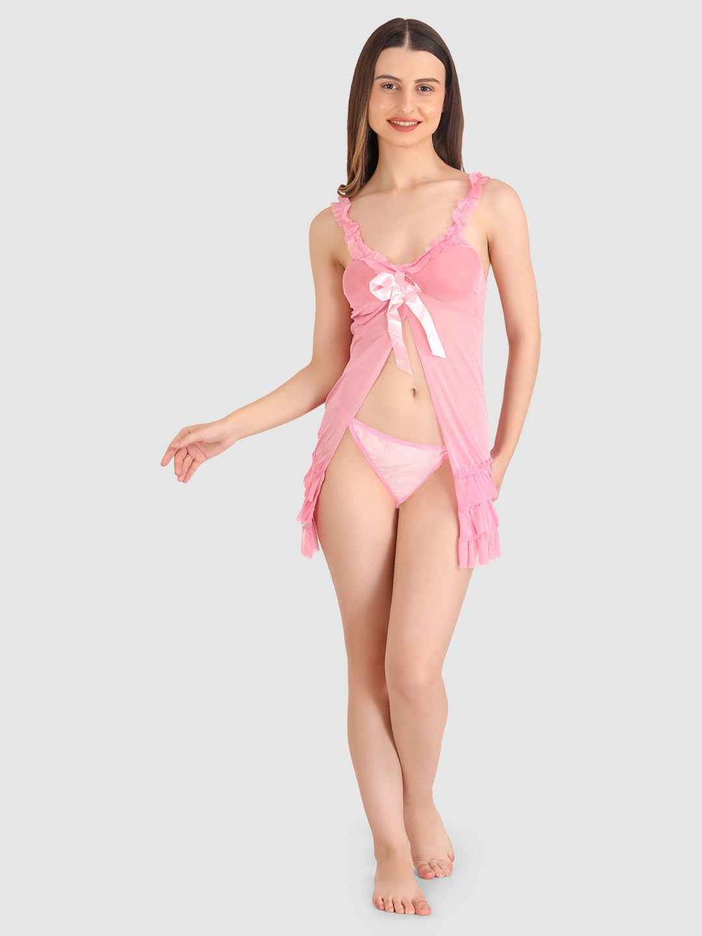 Women Pink Self Design Lace Baby Doll Lingerie