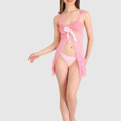 Women Bridal Sexy Pink Babydoll Sheer lace Self Design Night Wear Lingerie Set