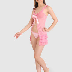 Women Bridal Sexy Pink Babydoll Sheer lace Self Design Night Wear Lingerie Set