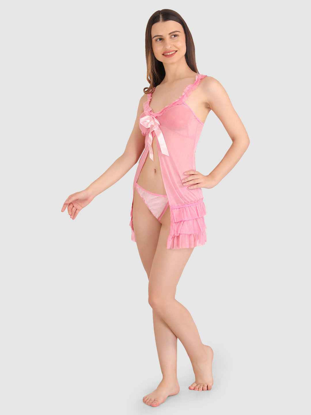 Women Bridal Sexy Pink Babydoll Sheer lace Self Design Night Wear Lingerie Set