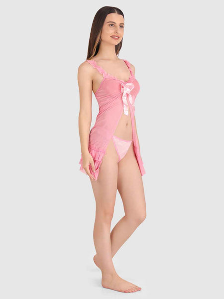 Women Bridal Sexy Pink Babydoll Sheer lace Self Design Night Wear Lingerie Set