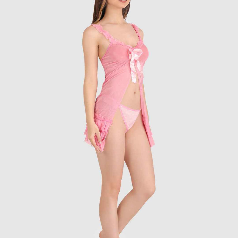 Women Bridal Sexy Pink Babydoll Sheer lace Self Design Night Wear Lingerie Set