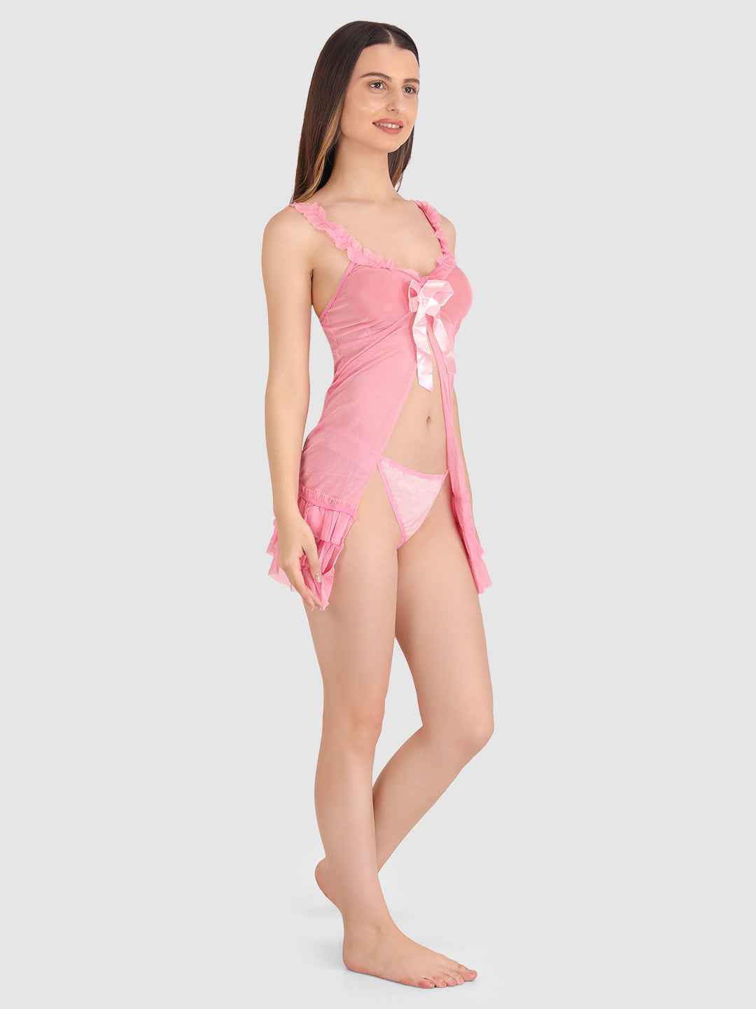 Women Pink Self Design Lace Baby Doll Lingerie