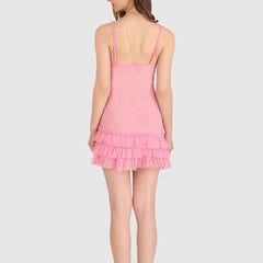 Women Bridal Sexy Pink Babydoll Sheer lace Self Design Night Wear Lingerie Set