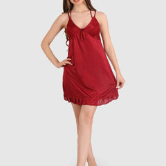 Women Bridal Maroon Hot Satin Night Wear Babydoll Lingerie Bra Panty Set