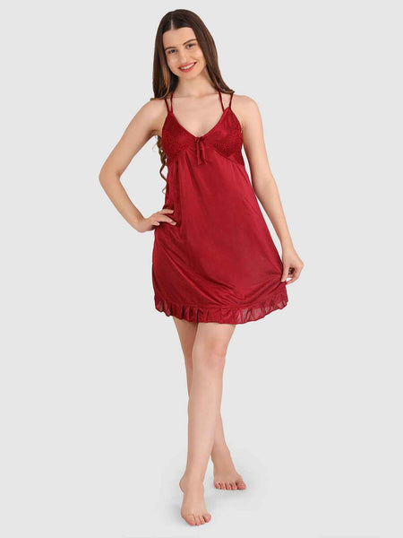 Women Bridal Maroon Hot Satin Night Wear Babydoll Lingerie Bra Panty Set