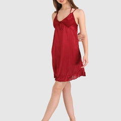 Women Bridal Maroon Hot Satin Night Wear Babydoll Lingerie Bra Panty Set