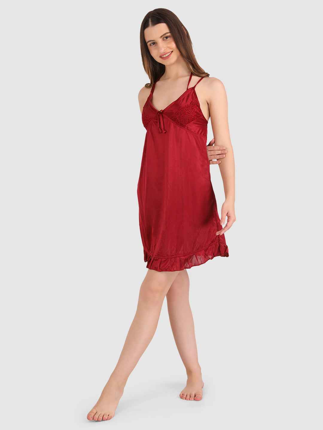 Women Bridal Maroon Hot Satin Night Wear Babydoll Lingerie Bra Panty Set