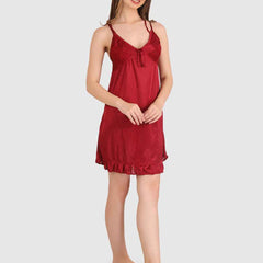Women Bridal Maroon Hot Satin Night Wear Babydoll Lingerie Bra Panty Set