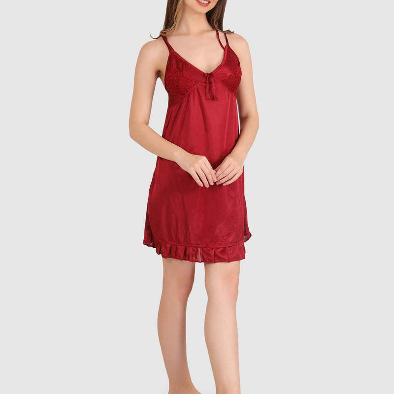 Women Bridal Maroon Hot Satin Night Wear Babydoll Lingerie Bra Panty Set