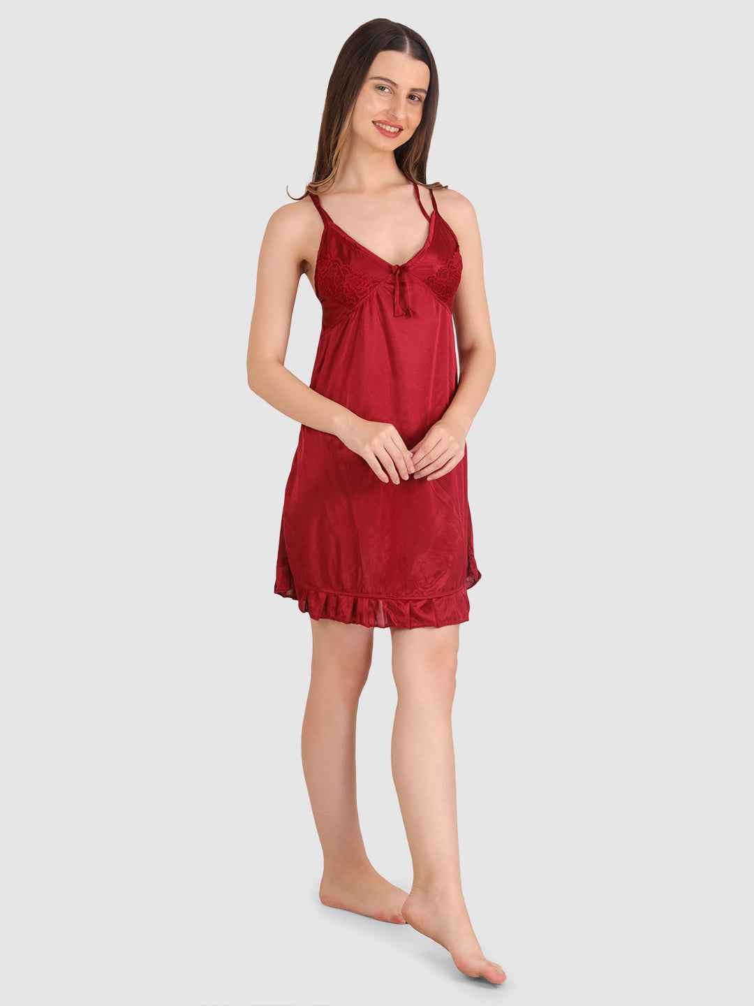 Women Bridal Maroon Hot Satin Night Wear Babydoll Lingerie Bra Panty Set
