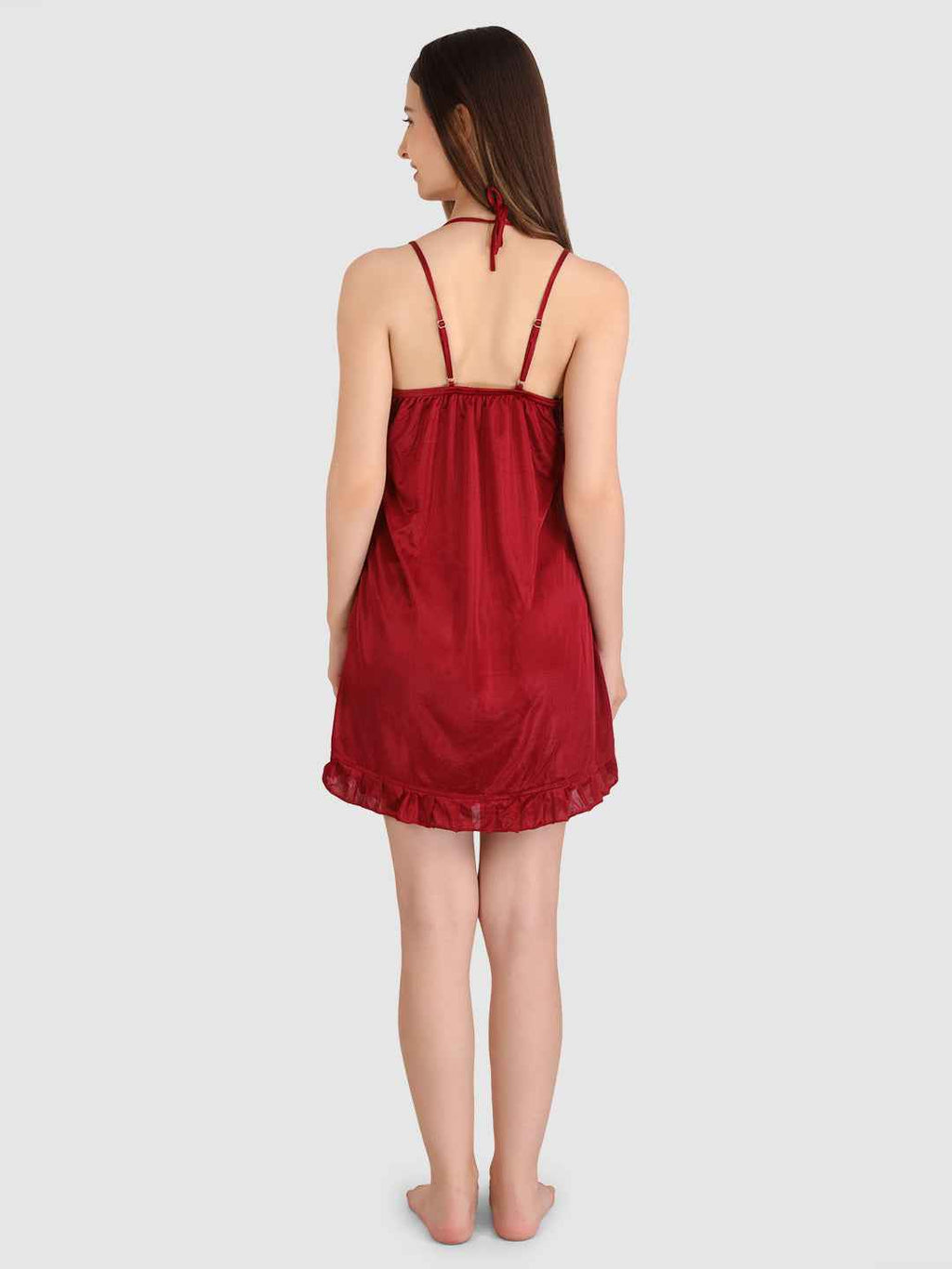 Women Bridal Maroon Hot Satin Night Wear Babydoll Lingerie Bra Panty Set