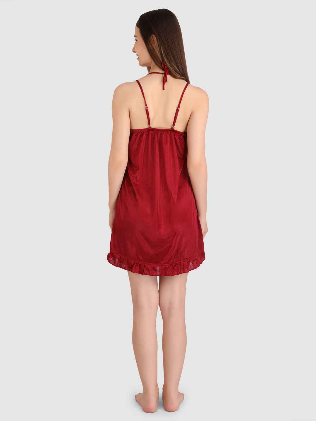 Women Bridal Maroon Hot Satin Night Wear Babydoll Lingerie Bra Panty Set