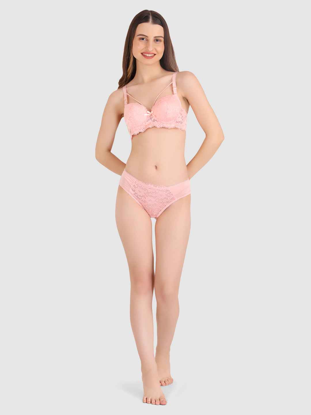 Women Peach Lace Heavily Padded Push up Lingerie Set