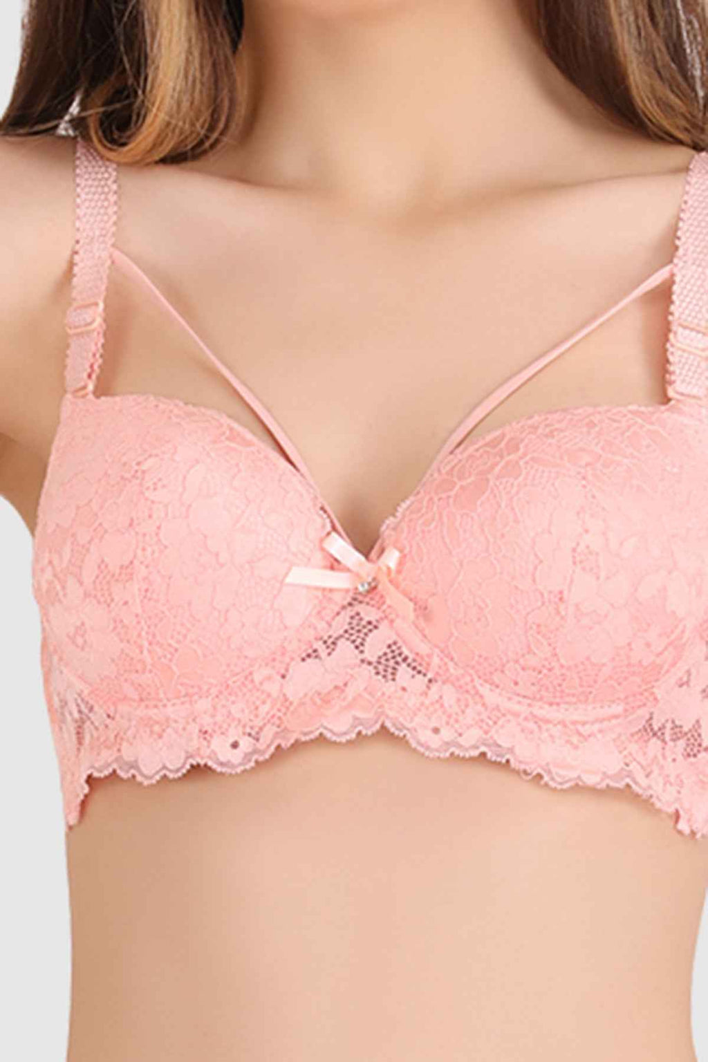 Women Peach Lace Heavily Padded Push up Lingerie Set