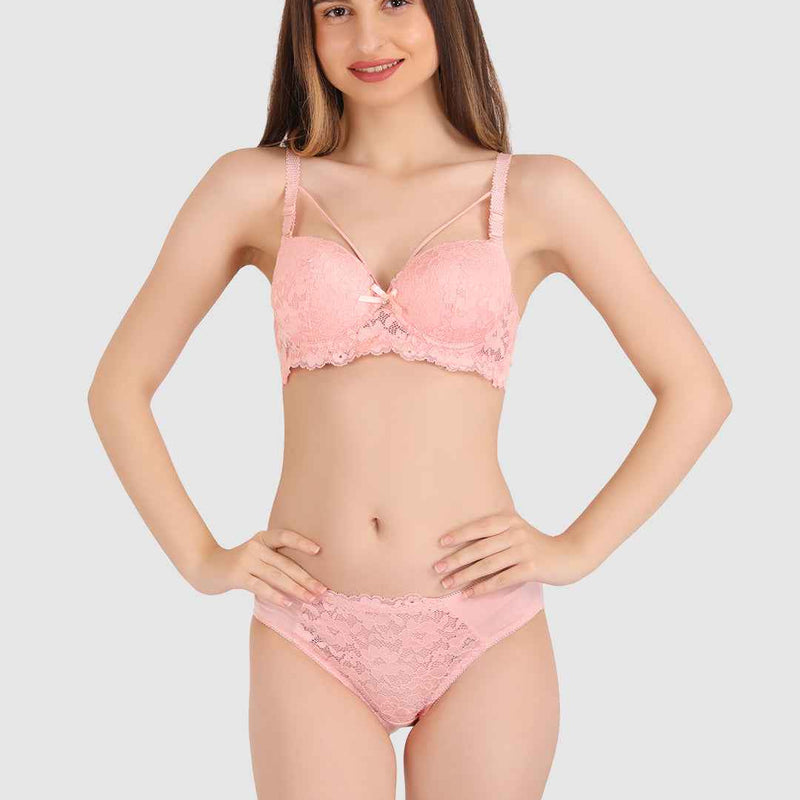 Women Peach Lace Heavily Padded Push up Lingerie Set