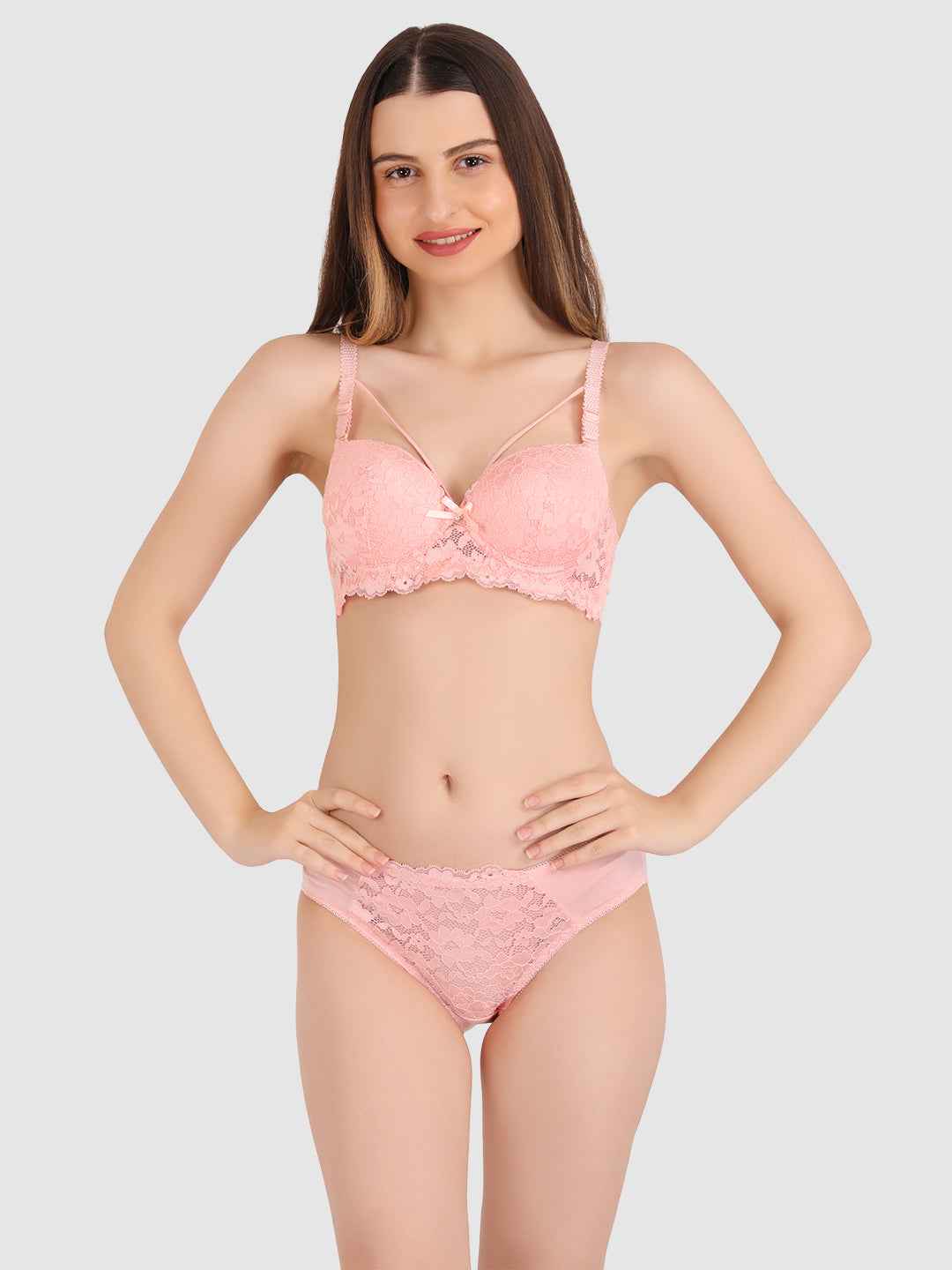 Women Peach Lace Heavily Padded Push up Lingerie Set