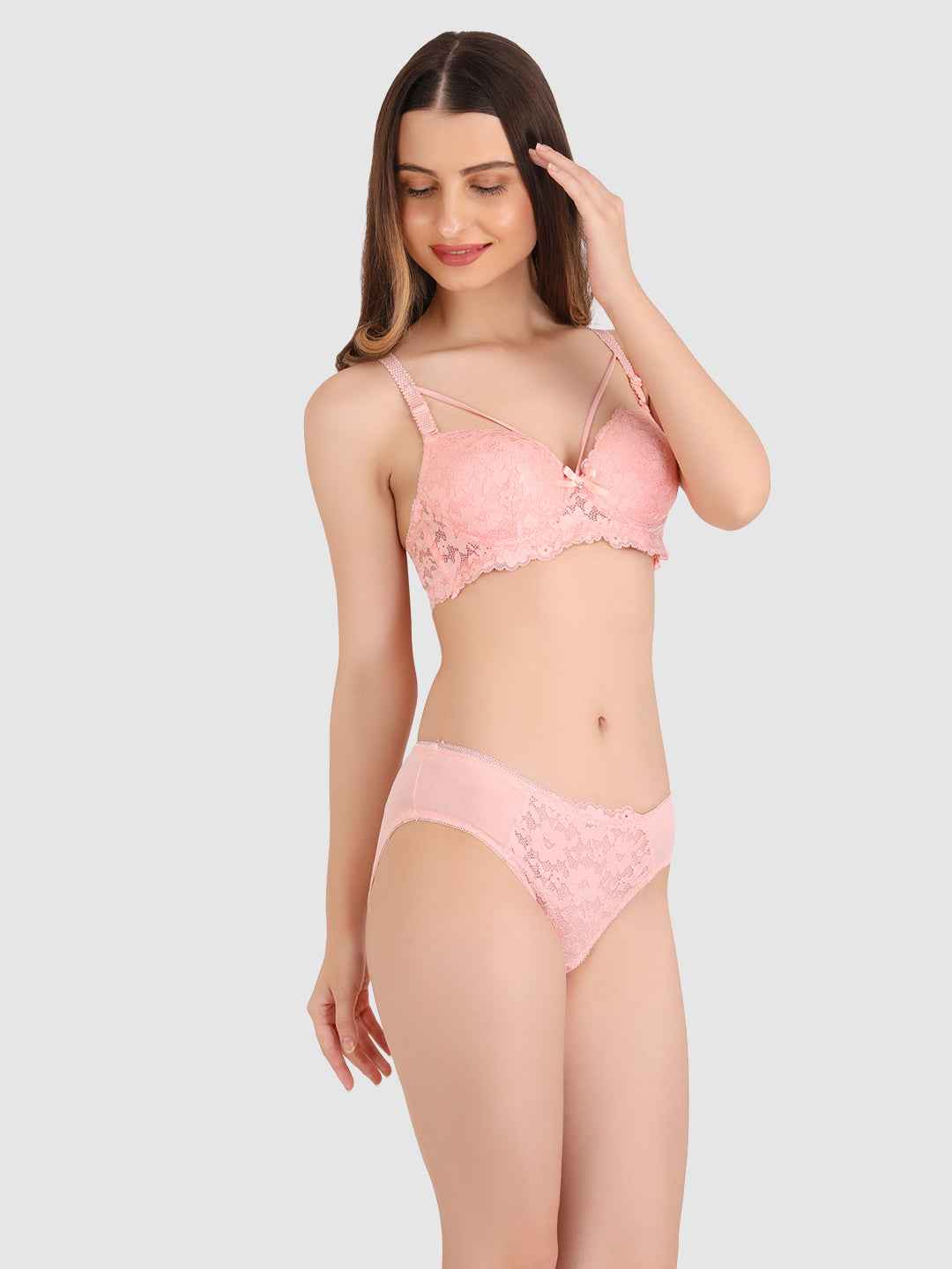 Women Peach Lace Heavily Padded Push up Lingerie Set