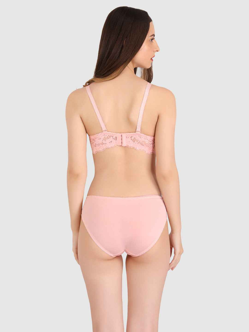 Women Peach Lace Heavily Padded Push up Lingerie Set