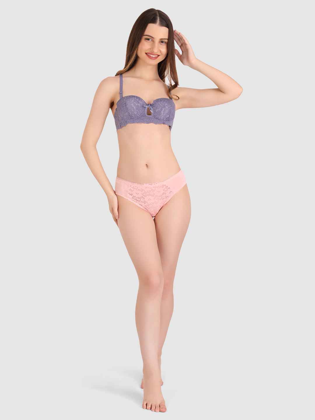 women Grey Lace Underwired Heavily Padded Push-Up Bra