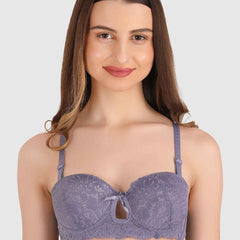 women Grey Lace Underwired Heavily Padded Push-Up Bra