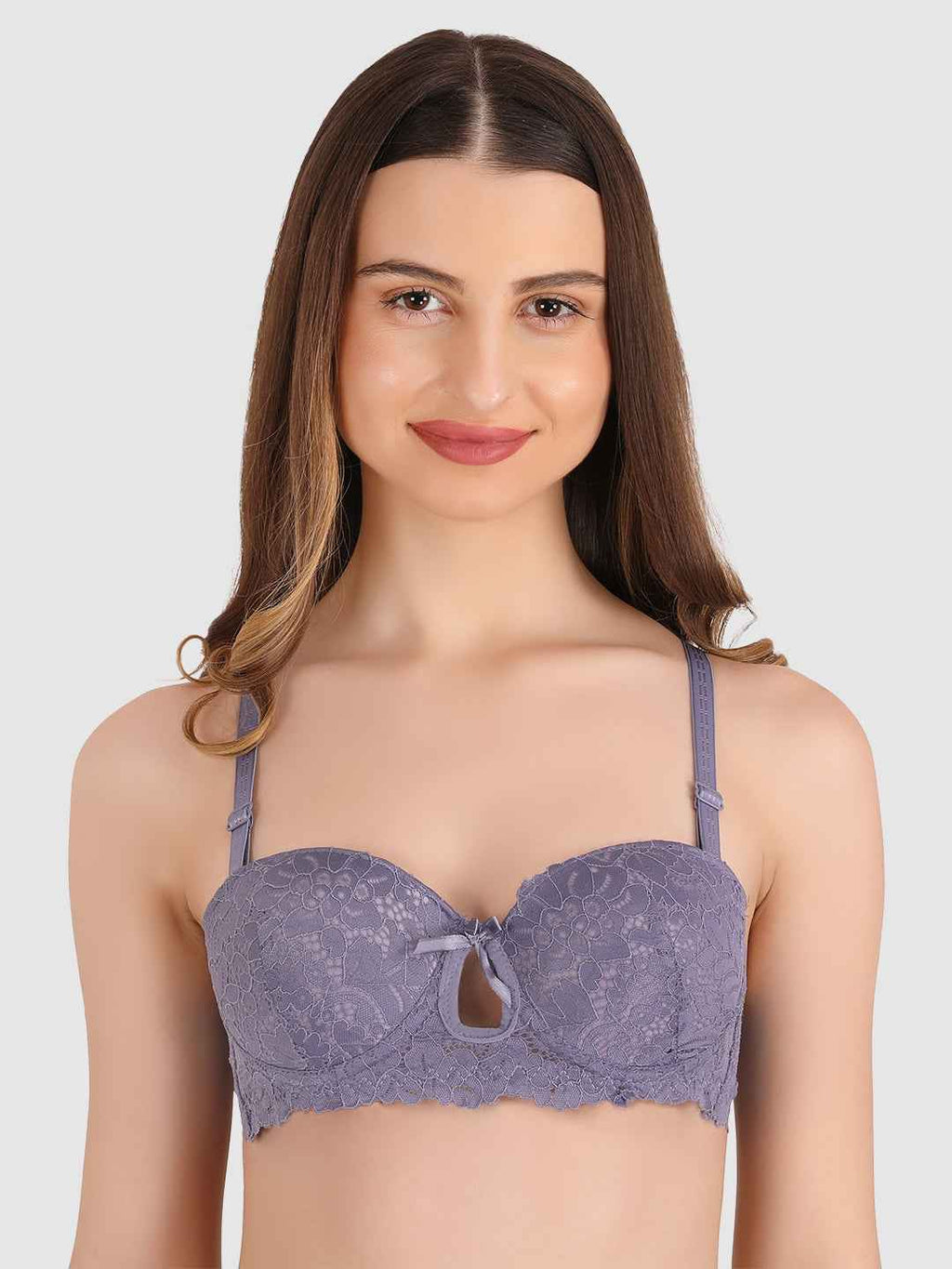 women Grey Lace Underwired Heavily Padded Push-Up Bra