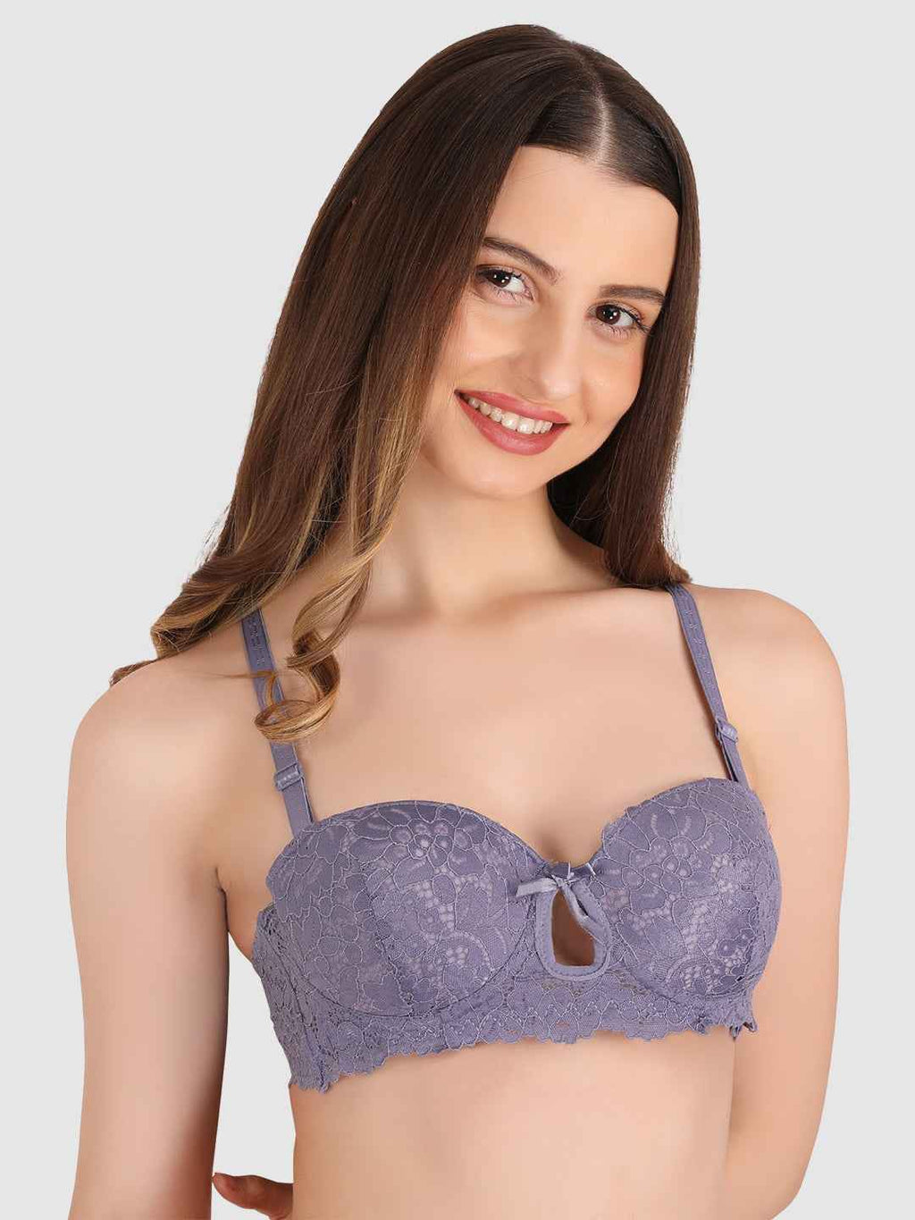 women Grey Lace Underwired Heavily Padded Push-Up Bra