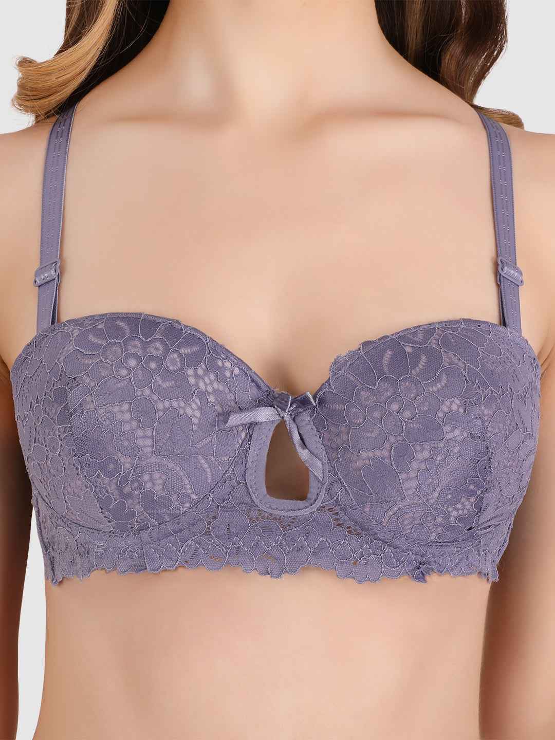 women Grey Lace Underwired Heavily Padded Push-Up Bra