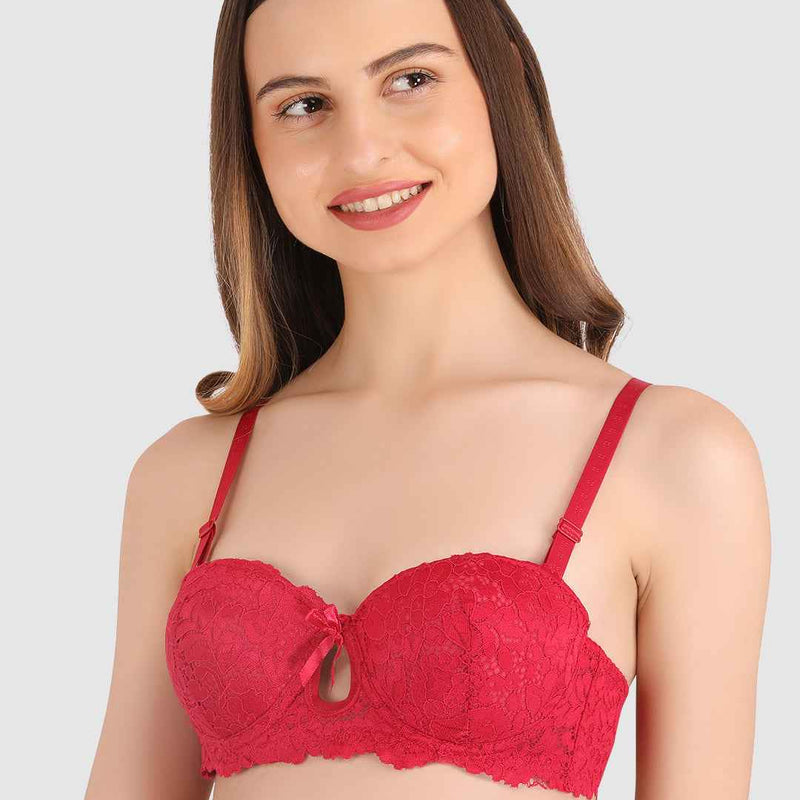 women Maroon Lace Underwired Heavily Padded Push-Up Bra