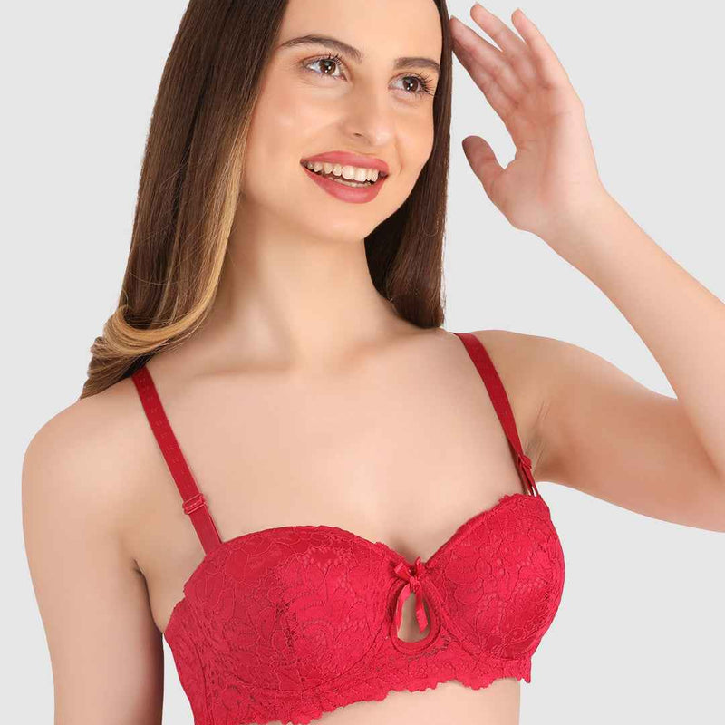 women Maroon Lace Underwired Heavily Padded Push-Up Bra