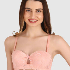 women Peach Lace Underwired Heavily Padded Push-Up Bra