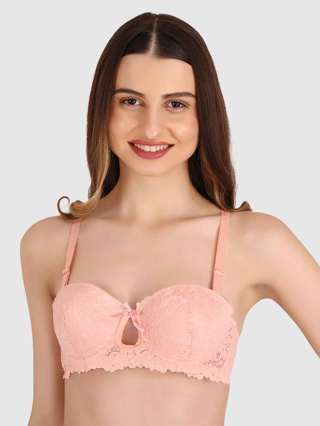 women Peach Lace Underwired Heavily Padded Push-Up Bra
