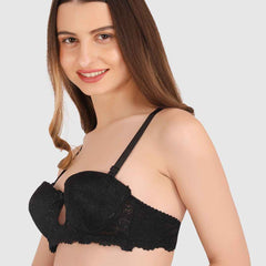 women Black Lace Underwired Heavily Padded Push-Up Bra